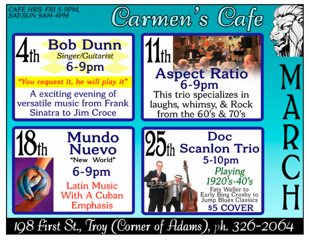 Carmen's Cafe March Calendar of Events